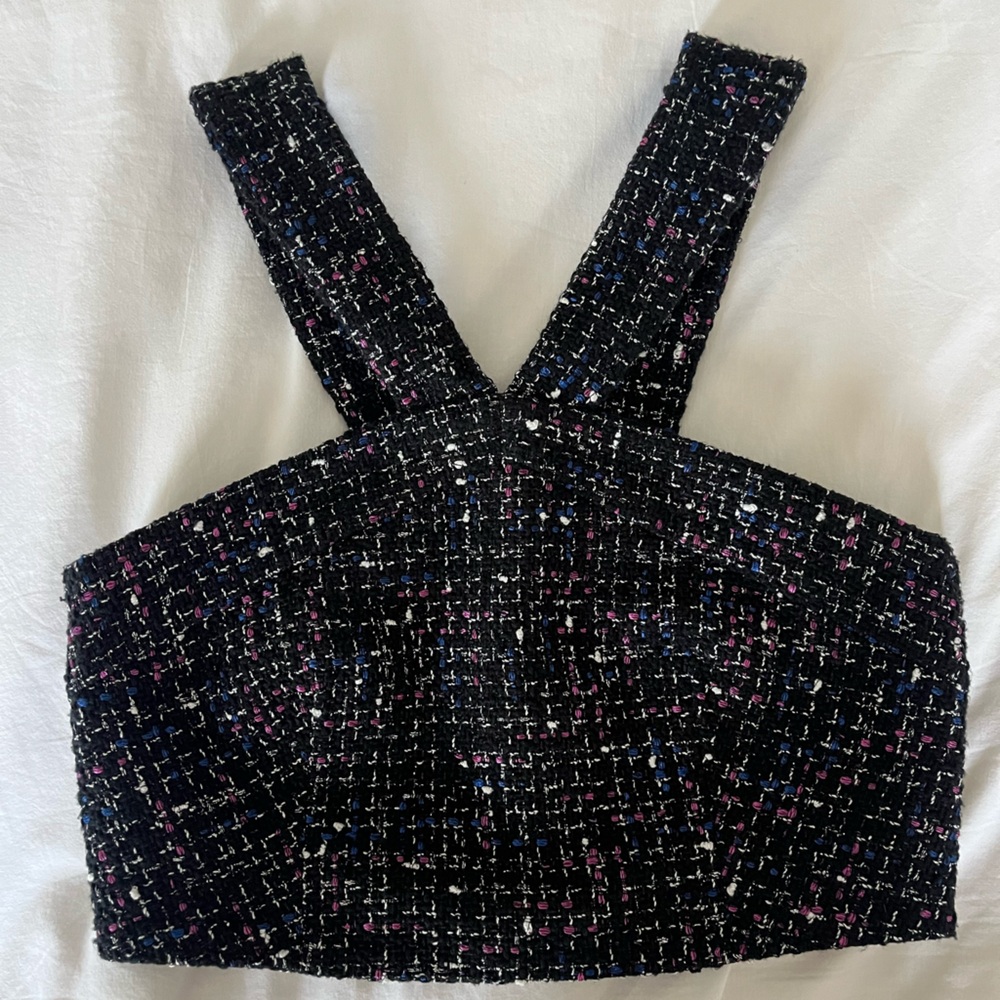 Sandro Black Tweed Top with Cross Neckline